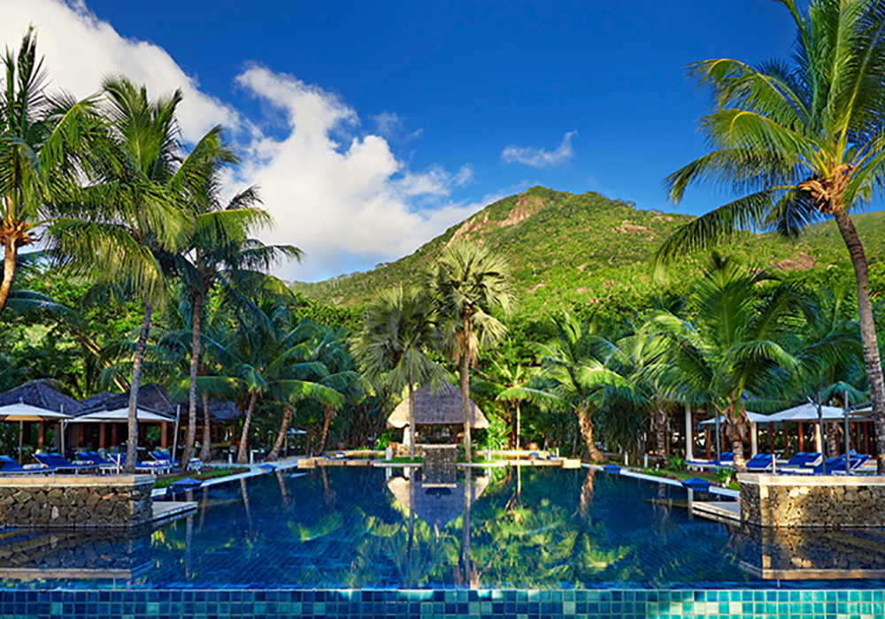 Hilton Seychelles Labriz Resort & Spa. Sunset by Pool
