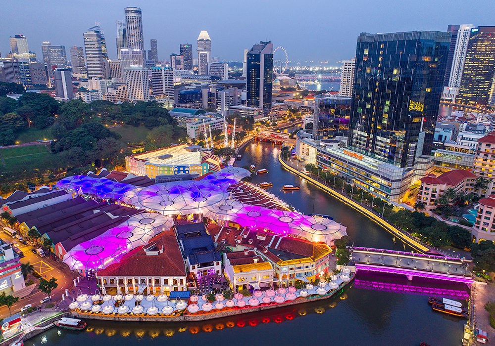 Singapore. Clarke Quay evening drone shot